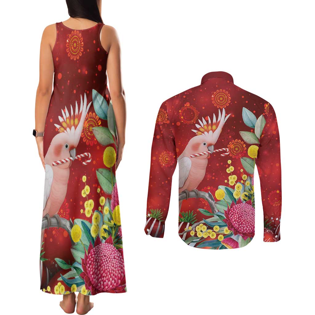 Australia Pink Cockatoo Christmas Couples Matching Tank Maxi Dress and Long Sleeve Button Shirt Aussie Native Flowers Merry Xmas - Red - Aussie Hoodie