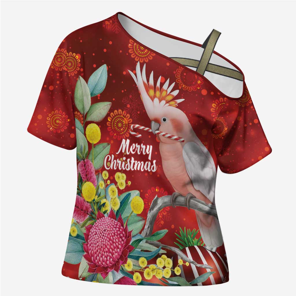 Australia Pink Cockatoo Christmas Cross Shoulder Shirt Aussie Native Flowers Merry Xmas - Red - Aussie Hoodie