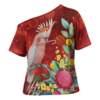 Australia Pink Cockatoo Christmas Cross Shoulder Shirt Aussie Native Flowers Merry Xmas - Red - Aussie Hoodie