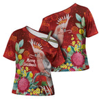 Australia Pink Cockatoo Christmas Cross Shoulder Shirt Aussie Native Flowers Merry Xmas - Red - Aussie Hoodie