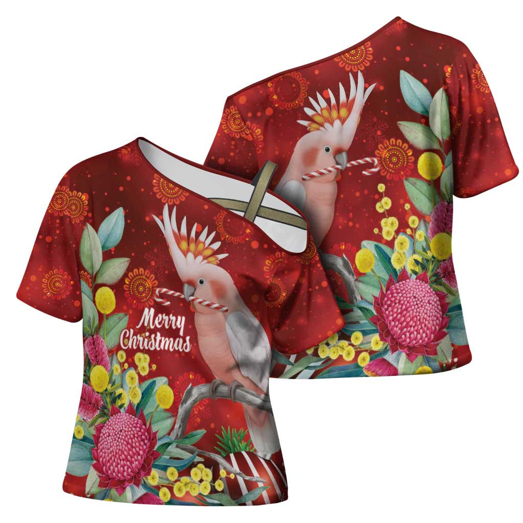 Australia Pink Cockatoo Christmas Cross Shoulder Shirt Aussie Native Flowers Merry Xmas - Red - Aussie Hoodie