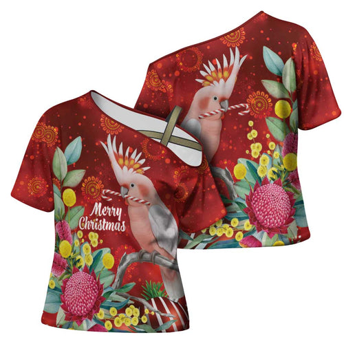 Australia Pink Cockatoo Christmas Cross Shoulder Shirt Aussie Native Flowers Merry Xmas - Red - Aussie Hoodie