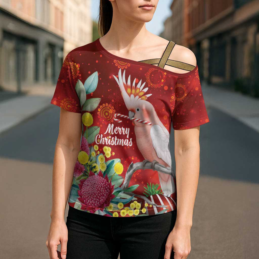 Australia Pink Cockatoo Christmas Cross Shoulder Shirt Aussie Native Flowers Merry Xmas - Red - Aussie Hoodie
