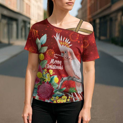 Australia Pink Cockatoo Christmas Cross Shoulder Shirt Aussie Native Flowers Merry Xmas - Red - Aussie Hoodie