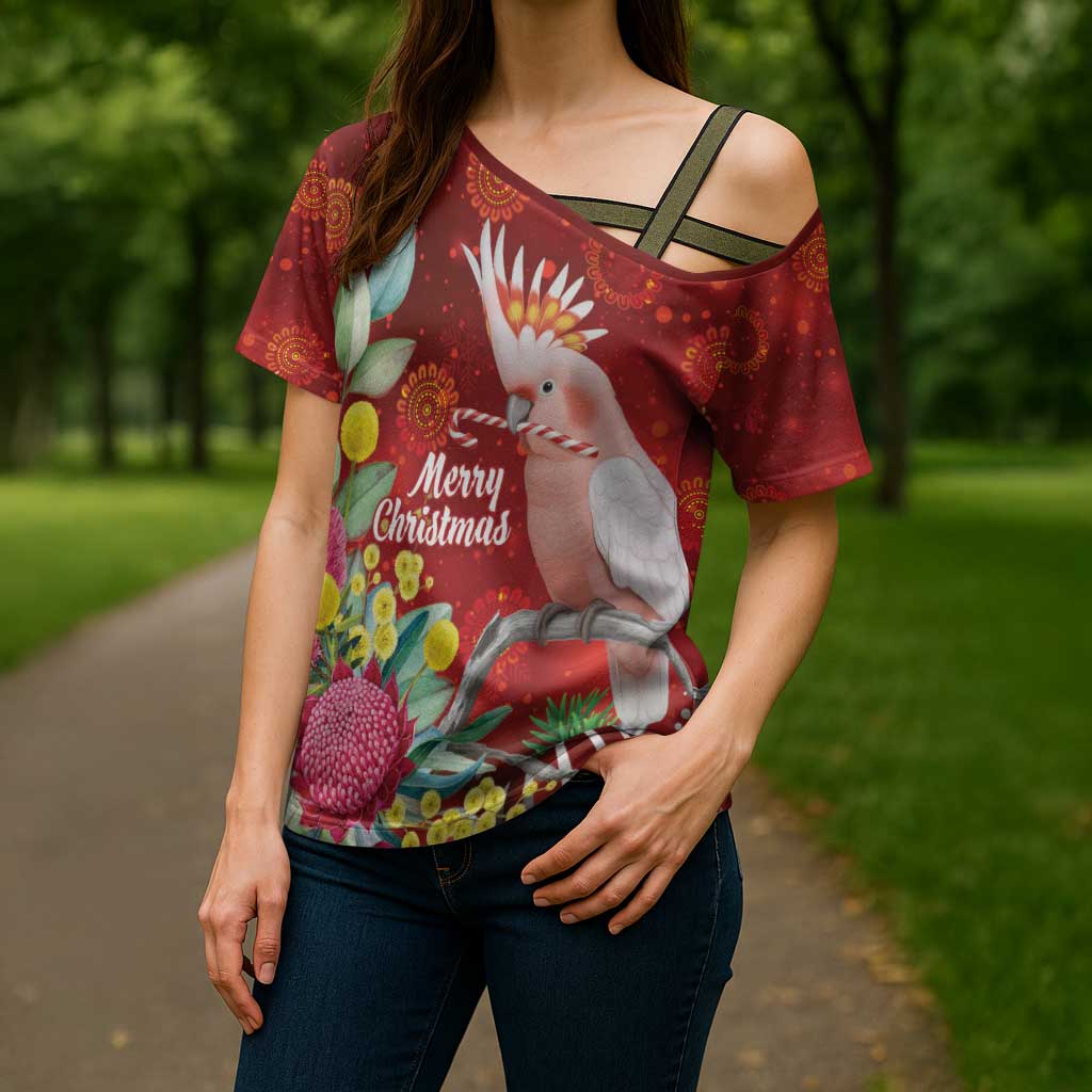 Australia Pink Cockatoo Christmas Cross Shoulder Shirt Aussie Native Flowers Merry Xmas - Red - Aussie Hoodie