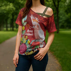 Australia Pink Cockatoo Christmas Cross Shoulder Shirt Aussie Native Flowers Merry Xmas - Red - Aussie Hoodie