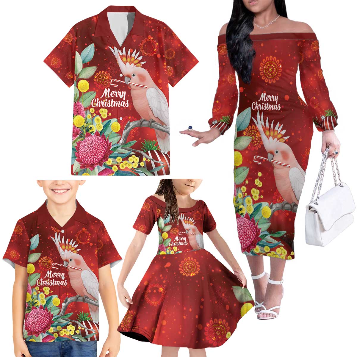 Australia Pink Cockatoo Christmas Family Matching Off The Shoulder Long Sleeve Dress and Hawaiian Shirt Aussie Native Flowers Merry Xmas - Red - Aussie Hoodie
