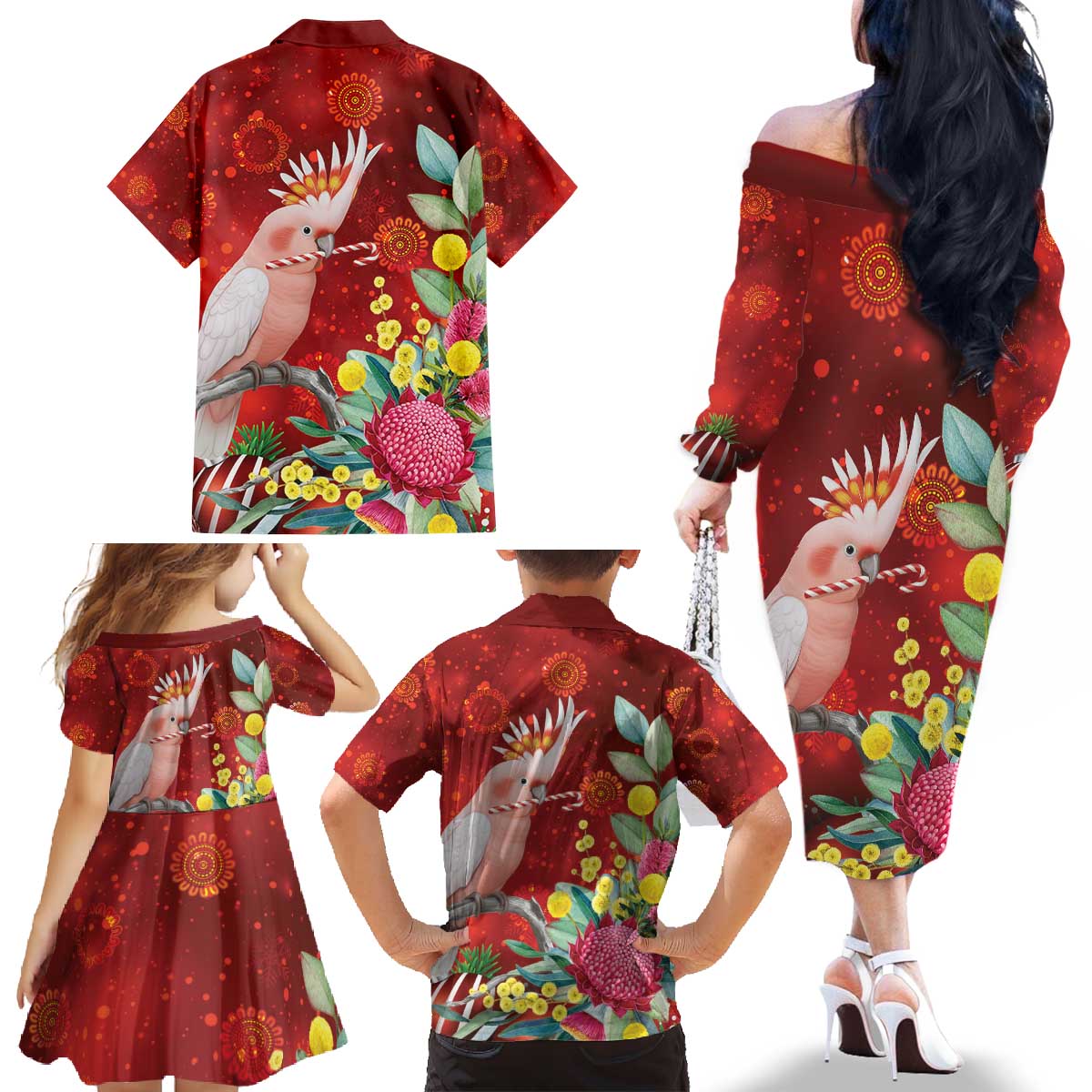 Australia Pink Cockatoo Christmas Family Matching Off The Shoulder Long Sleeve Dress and Hawaiian Shirt Aussie Native Flowers Merry Xmas - Red - Aussie Hoodie
