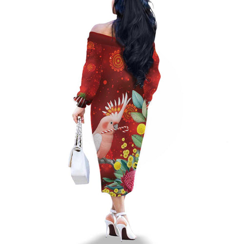 Australia Pink Cockatoo Christmas Family Matching Off The Shoulder Long Sleeve Dress and Hawaiian Shirt Aussie Native Flowers Merry Xmas - Red - Aussie Hoodie