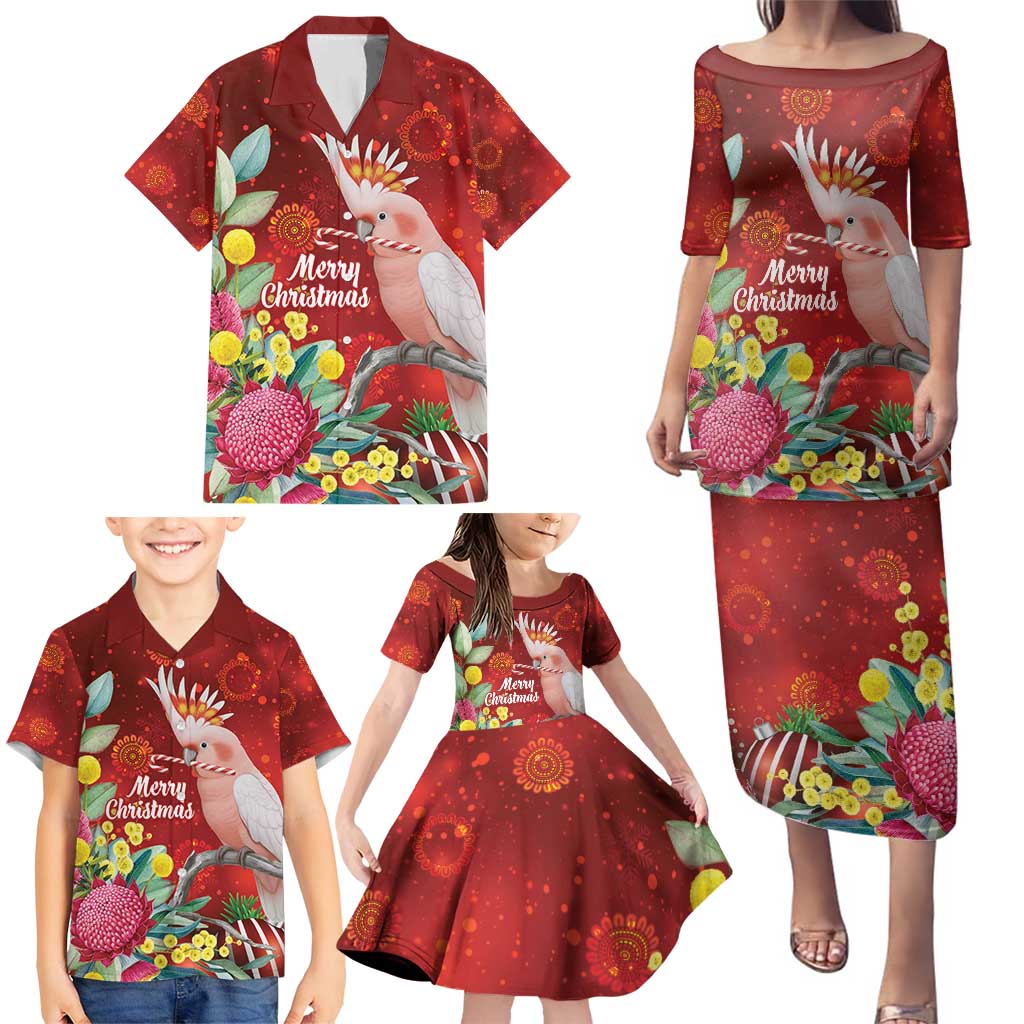 Australia Pink Cockatoo Christmas Family Matching Puletasi and Hawaiian Shirt Aussie Native Flowers Merry Xmas - Red - Aussie Hoodie