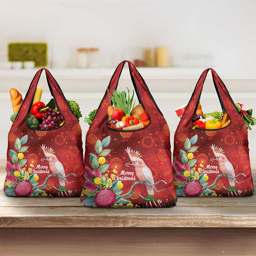 Australia Pink Cockatoo Christmas Grocery Bag Aussie Native Flowers Merry Xmas - Red - Aussie Hoodie