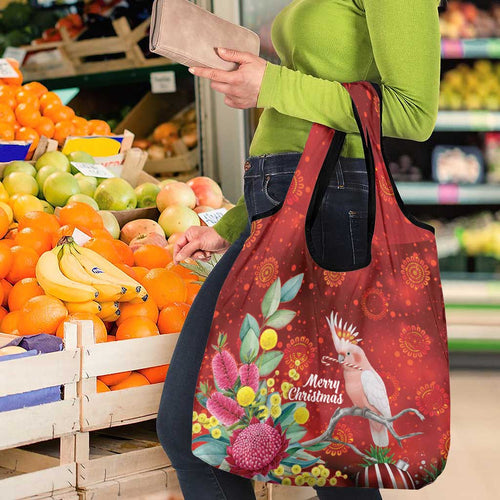 Australia Pink Cockatoo Christmas Grocery Bag Aussie Native Flowers Merry Xmas - Red - Aussie Hoodie