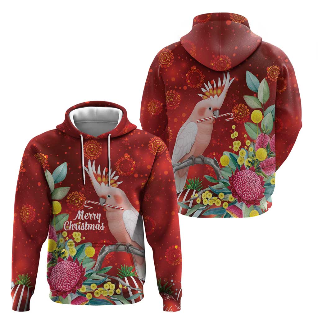 Australia Pink Cockatoo Christmas Hoodie Aussie Native Flowers Merry Xmas - Red - Aussie Hoodie