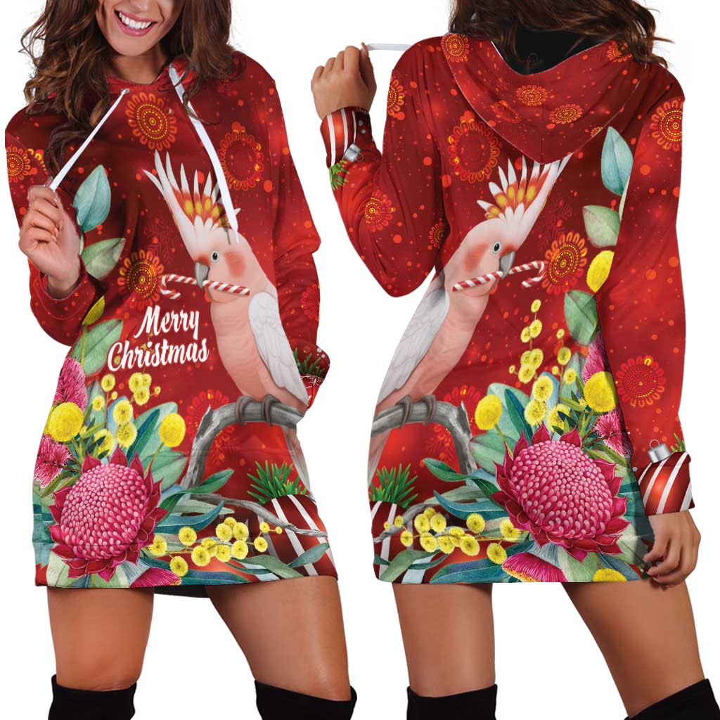 Australia Pink Cockatoo Christmas Hoodie Dress Aussie Native Flowers Merry Xmas - Red - Aussie Hoodie