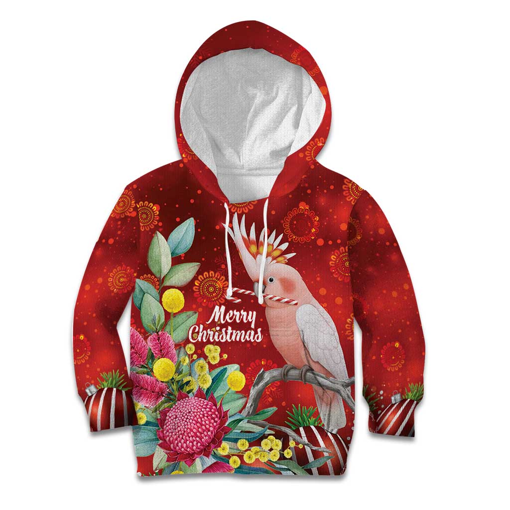 Australia Pink Cockatoo Christmas Kid Hoodie Aussie Native Flowers Merry Xmas - Red - Aussie Hoodie