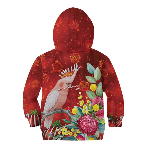 Australia Pink Cockatoo Christmas Kid Hoodie Aussie Native Flowers Merry Xmas - Red - Aussie Hoodie