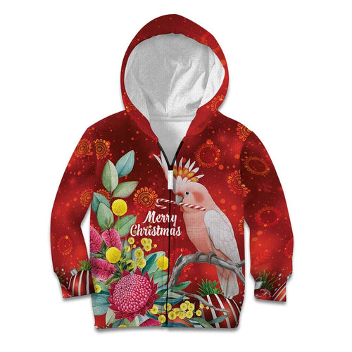 Australia Pink Cockatoo Christmas Kid Hoodie Aussie Native Flowers Merry Xmas - Red - Aussie Hoodie