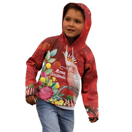 Australia Pink Cockatoo Christmas Kid Hoodie Aussie Native Flowers Merry Xmas - Red - Aussie Hoodie