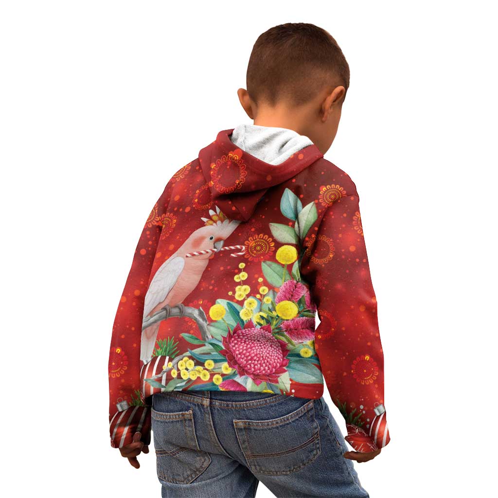 Australia Pink Cockatoo Christmas Kid Hoodie Aussie Native Flowers Merry Xmas - Red - Aussie Hoodie