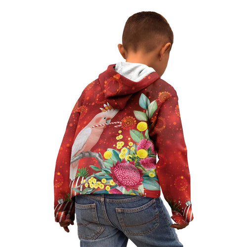 Australia Pink Cockatoo Christmas Kid Hoodie Aussie Native Flowers Merry Xmas - Red - Aussie Hoodie