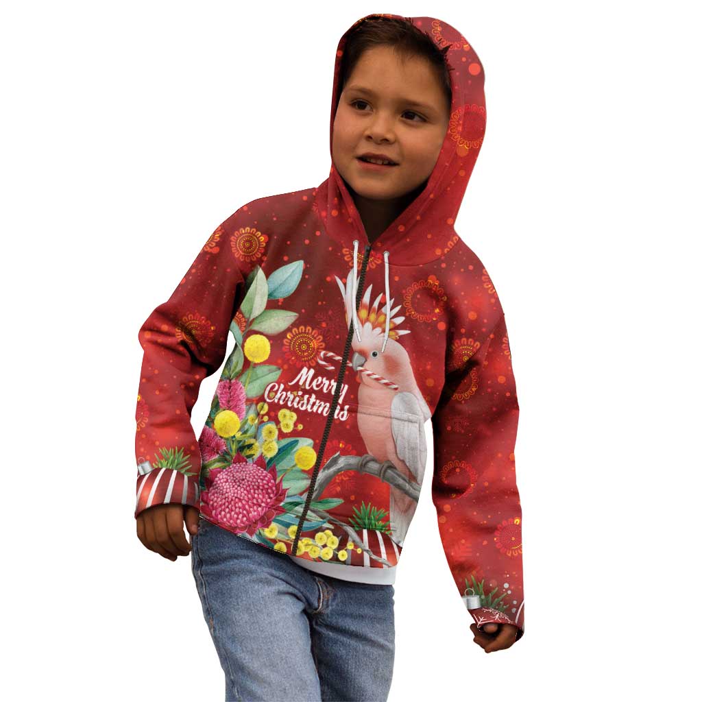 Australia Pink Cockatoo Christmas Kid Hoodie Aussie Native Flowers Merry Xmas - Red - Aussie Hoodie
