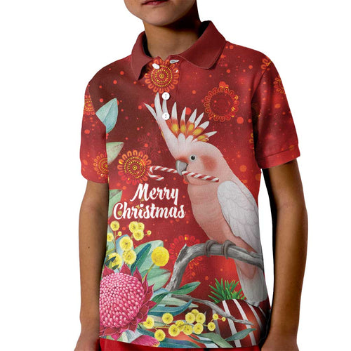 Australia Pink Cockatoo Christmas Kid Polo Shirt Aussie Native Flowers Merry Xmas - Red - Aussie Hoodie