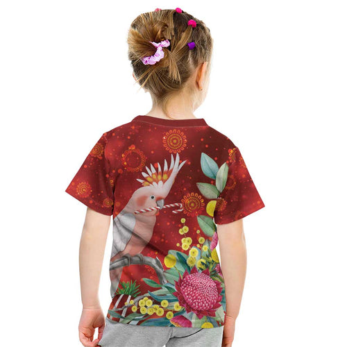 Australia Pink Cockatoo Christmas Kid T Shirt Aussie Native Flowers Merry Xmas - Red - Aussie Hoodie