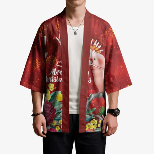Australia Pink Cockatoo Christmas Kimono Aussie Native Flowers Merry Xmas - Red - Aussie Hoodie