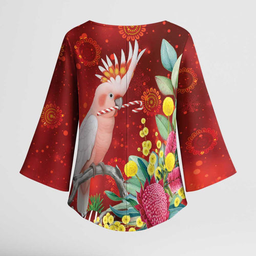 Australia Pink Cockatoo Christmas Kimono Sleeve Blouse Aussie Native Flowers Merry Xmas - Red - Aussie Hoodie