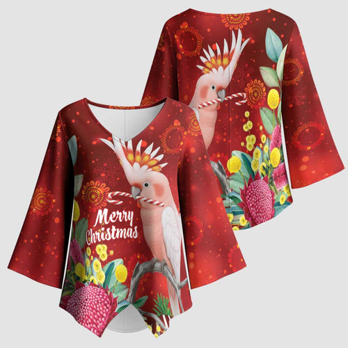 Australia Pink Cockatoo Christmas Kimono Sleeve Blouse Aussie Native Flowers Merry Xmas - Red - Aussie Hoodie