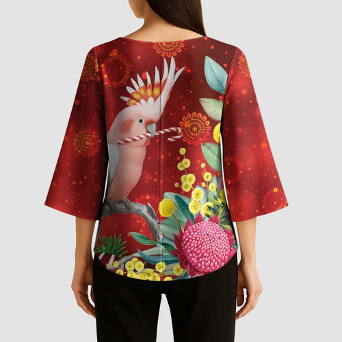 Australia Pink Cockatoo Christmas Kimono Sleeve Blouse Aussie Native Flowers Merry Xmas - Red - Aussie Hoodie