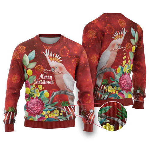 Australia Pink Cockatoo Christmas Ugly Christmas Sweater Aussie Native Flowers Merry Xmas - Red - Aussie Hoodie
