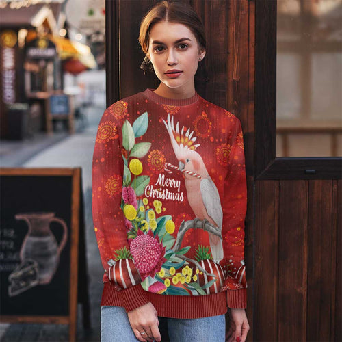 Australia Pink Cockatoo Christmas Ugly Christmas Sweater Aussie Native Flowers Merry Xmas - Red - Aussie Hoodie