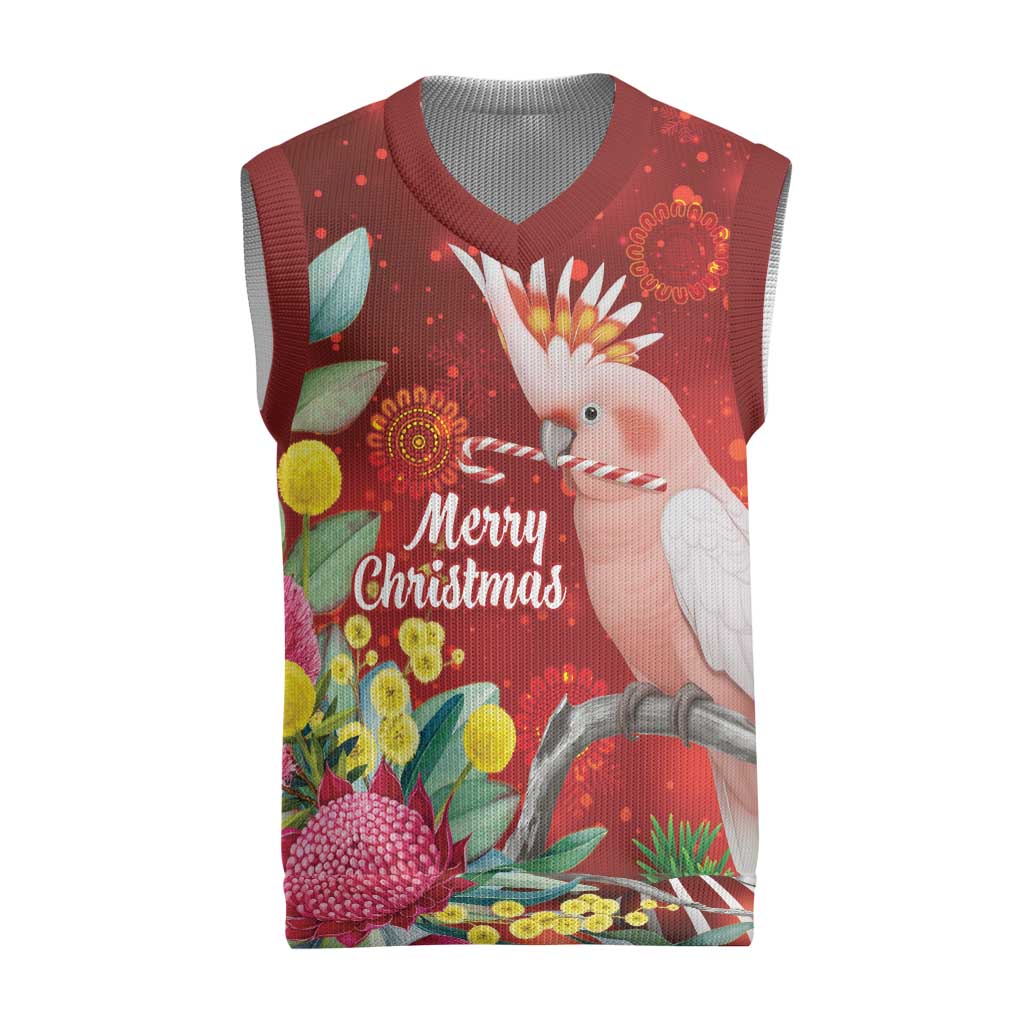 Australia Pink Cockatoo Christmas Knitted V-Neck Vest Aussie Native Flowers Merry Xmas - Red - Aussie Hoodie