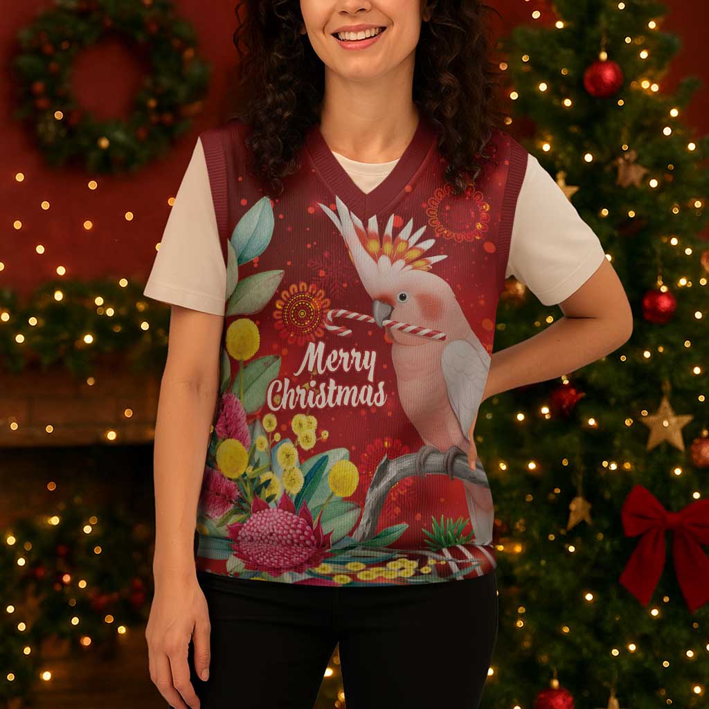 Australia Pink Cockatoo Christmas Knitted V-Neck Vest Aussie Native Flowers Merry Xmas - Red - Aussie Hoodie