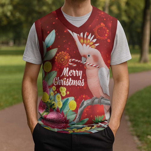 Australia Pink Cockatoo Christmas Knitted V-Neck Vest Aussie Native Flowers Merry Xmas - Red - Aussie Hoodie