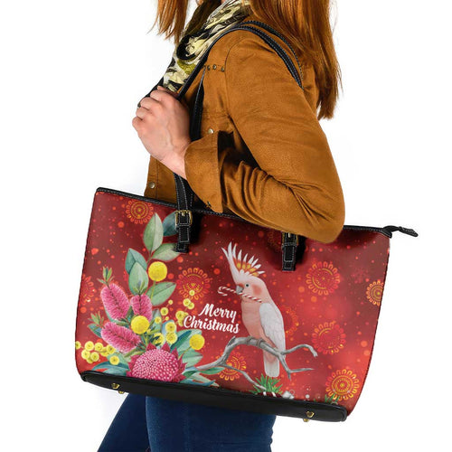 Australia Pink Cockatoo Christmas Leather Tote Bag Aussie Native Flowers Merry Xmas - Red - Aussie Hoodie