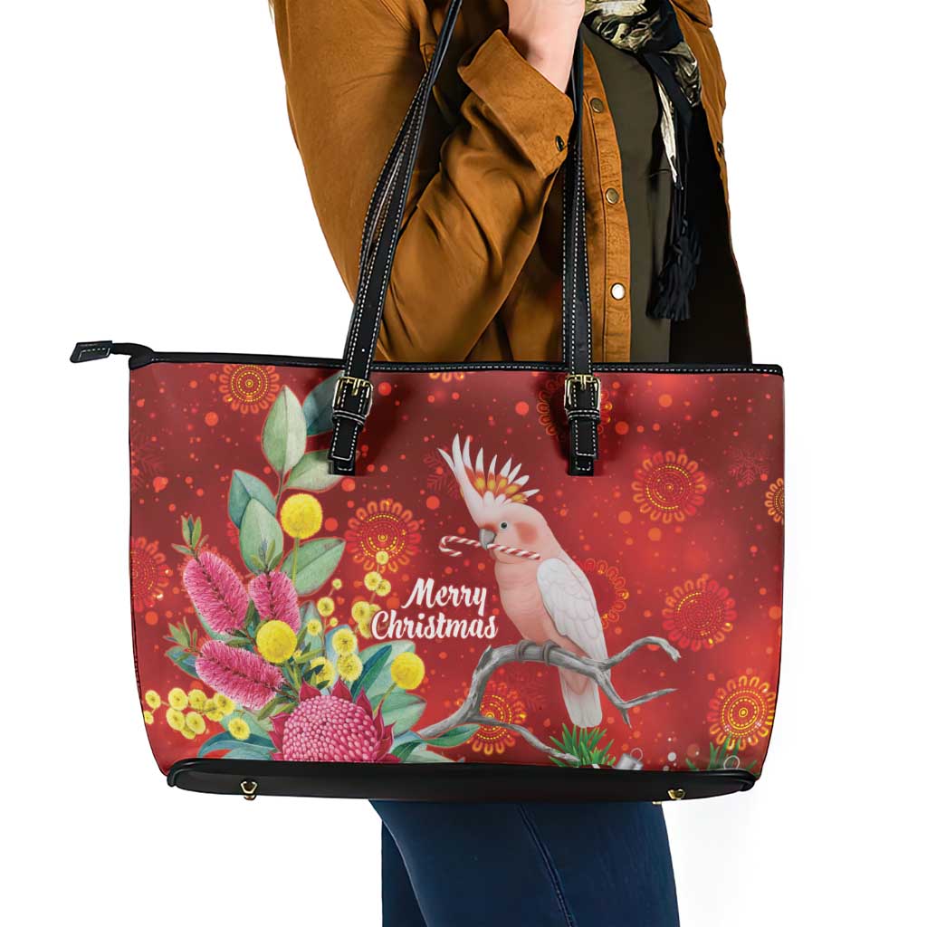 Australia Pink Cockatoo Christmas Leather Tote Bag Aussie Native Flowers Merry Xmas - Red - Aussie Hoodie