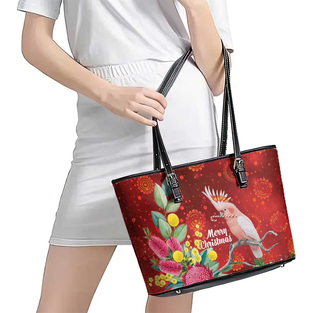Australia Pink Cockatoo Christmas Leather Tote Bag Aussie Native Flowers Merry Xmas - Red - Aussie Hoodie