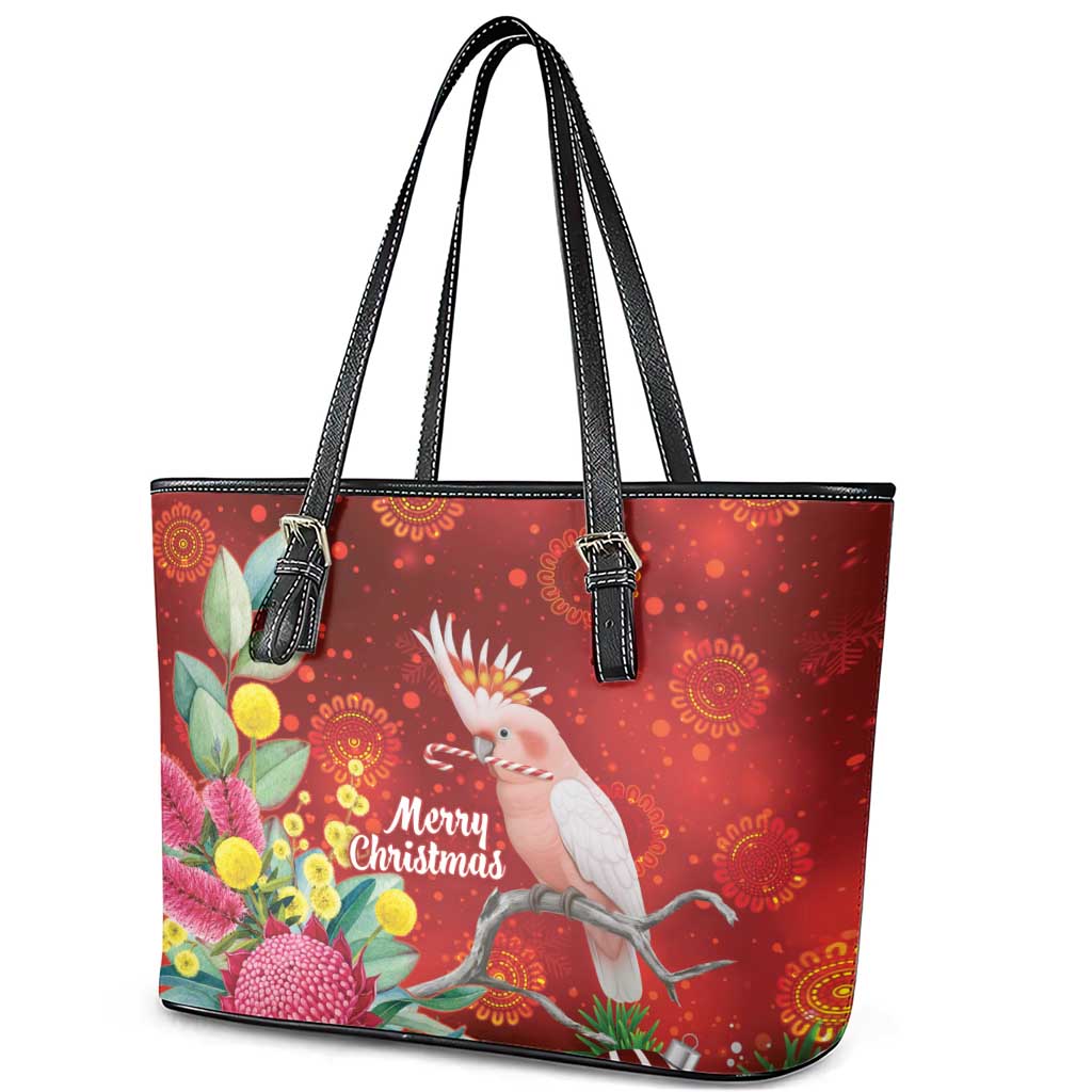 Australia Pink Cockatoo Christmas Leather Tote Bag Aussie Native Flowers Merry Xmas - Red - Aussie Hoodie