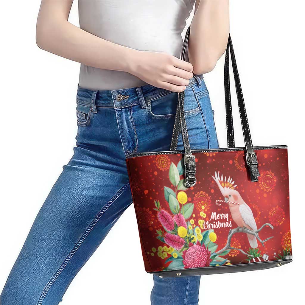 Australia Pink Cockatoo Christmas Leather Tote Bag Aussie Native Flowers Merry Xmas - Red - Aussie Hoodie