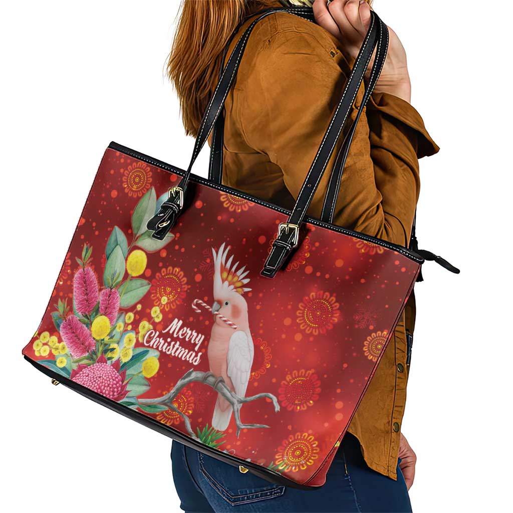 Australia Pink Cockatoo Christmas Leather Tote Bag Aussie Native Flowers Merry Xmas - Red - Aussie Hoodie