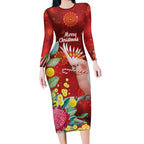 Australia Pink Cockatoo Christmas Long Sleeve Bodycon Dress Aussie Native Flowers Merry Xmas - Red - Aussie Hoodie