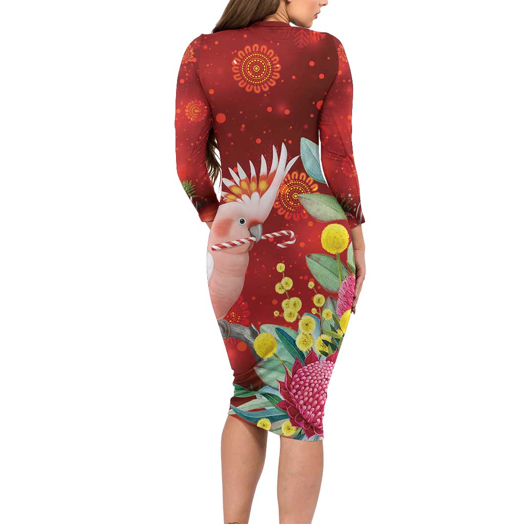 Australia Pink Cockatoo Christmas Long Sleeve Bodycon Dress Aussie Native Flowers Merry Xmas - Red - Aussie Hoodie