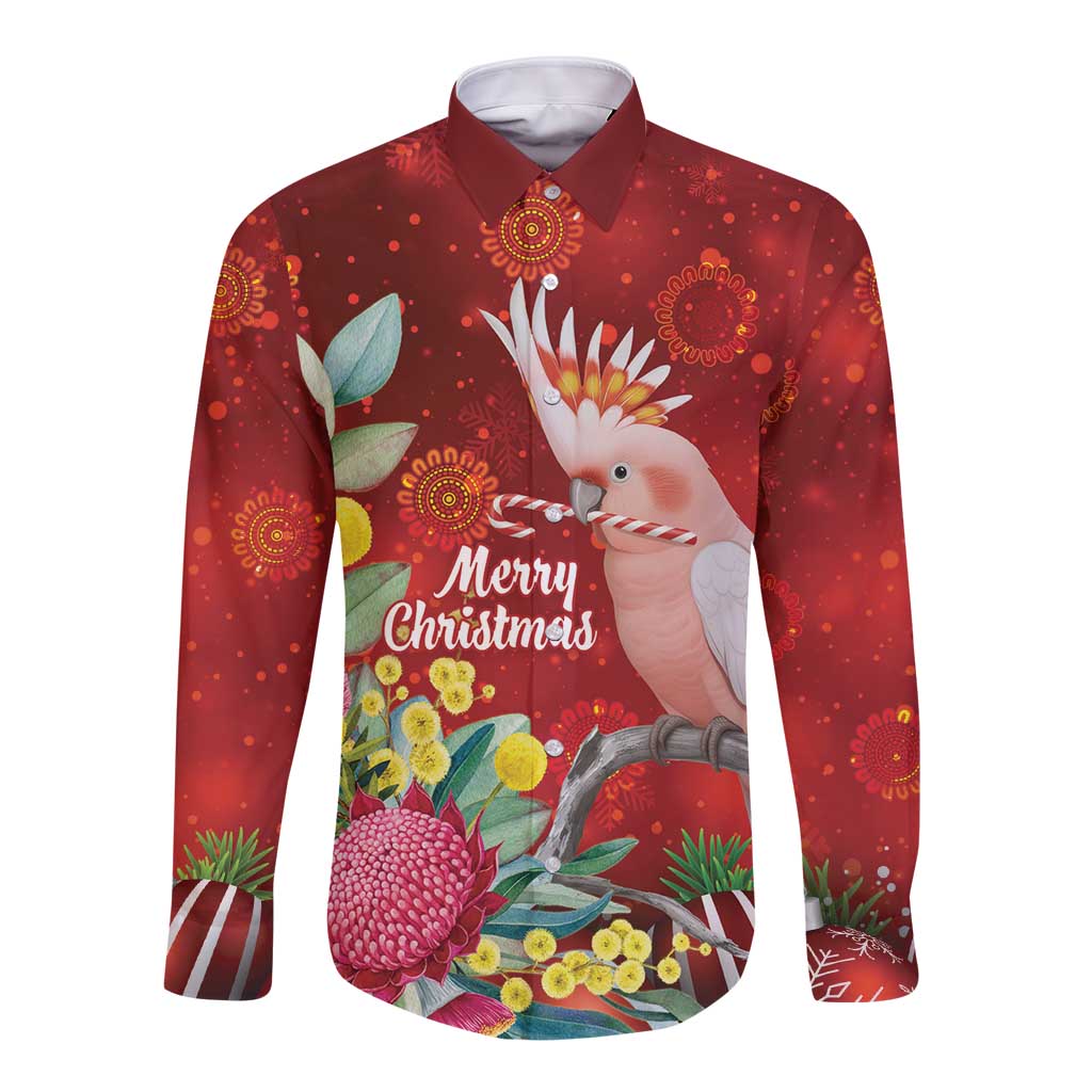 Australia Pink Cockatoo Christmas Long Sleeve Button Shirt Aussie Native Flowers Merry Xmas - Red - Aussie Hoodie
