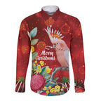 Australia Pink Cockatoo Christmas Long Sleeve Button Shirt Aussie Native Flowers Merry Xmas - Red - Aussie Hoodie