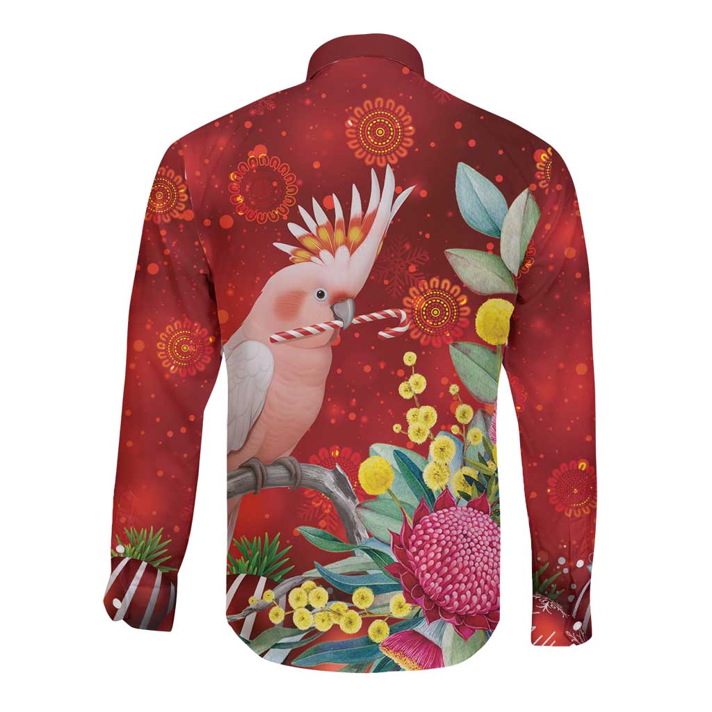 Australia Pink Cockatoo Christmas Long Sleeve Button Shirt Aussie Native Flowers Merry Xmas - Red - Aussie Hoodie