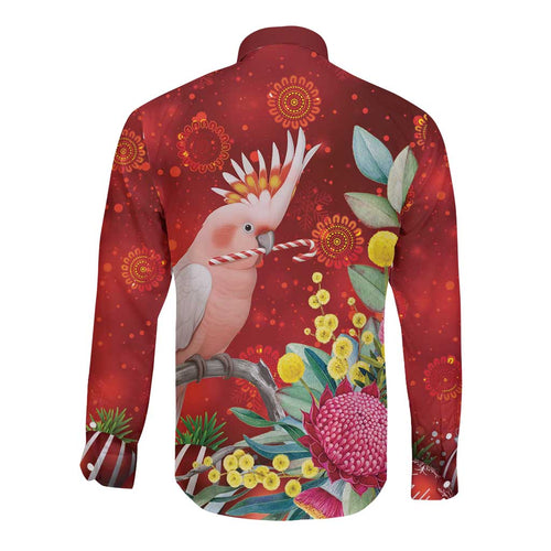 Australia Pink Cockatoo Christmas Long Sleeve Button Shirt Aussie Native Flowers Merry Xmas - Red - Aussie Hoodie