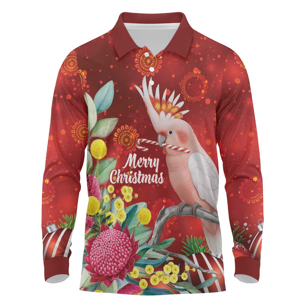 Australia Pink Cockatoo Christmas Long Sleeve Polo Shirt Aussie Native Flowers Merry Xmas - Red - Aussie Hoodie