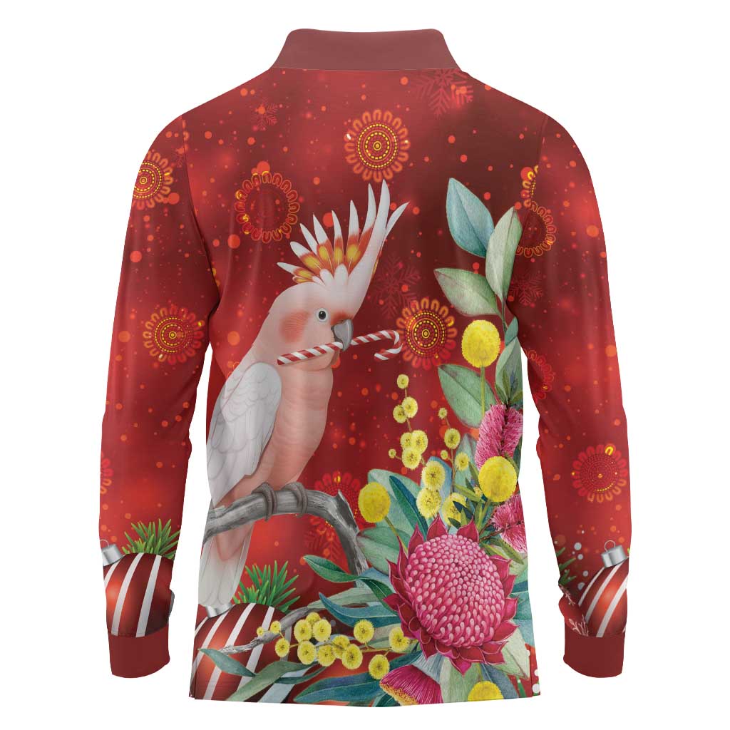 Australia Pink Cockatoo Christmas Long Sleeve Polo Shirt Aussie Native Flowers Merry Xmas - Red - Aussie Hoodie
